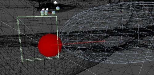 An example engine setup with thrust point shown as red sphere and thrust direction as a red line. 